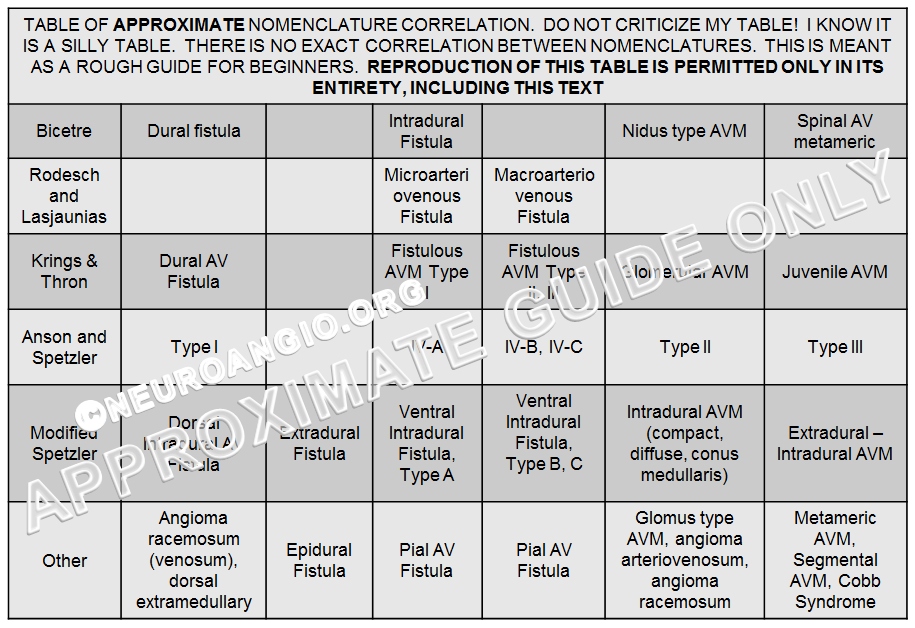 spinal vascular lesions classification table